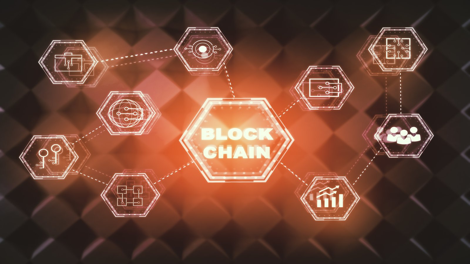 Abstract blockchain network nodes connected by golden lines against a dark gaming-themed background