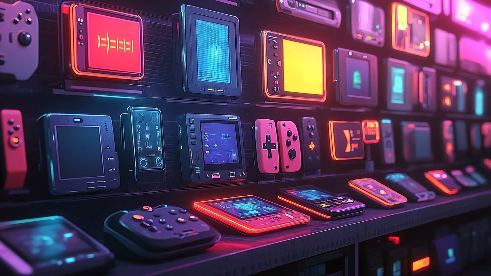 Collection of handheld gaming devices displayed on a dark surface with game sprites visible on screens