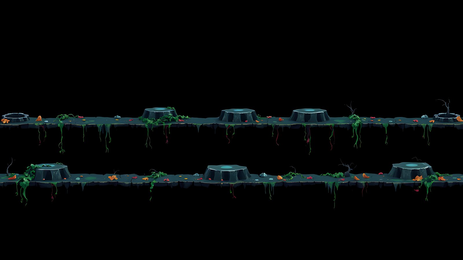 Procedurally generated 2D dungeon map with connected rooms and corridors displayed on a dark grid background